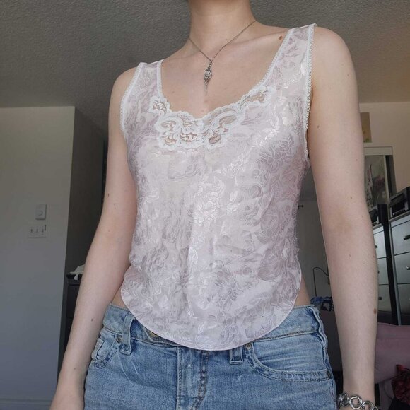 Vintage 90s light pink and white coquette princess lace lingerie top - Picture 2 of 16